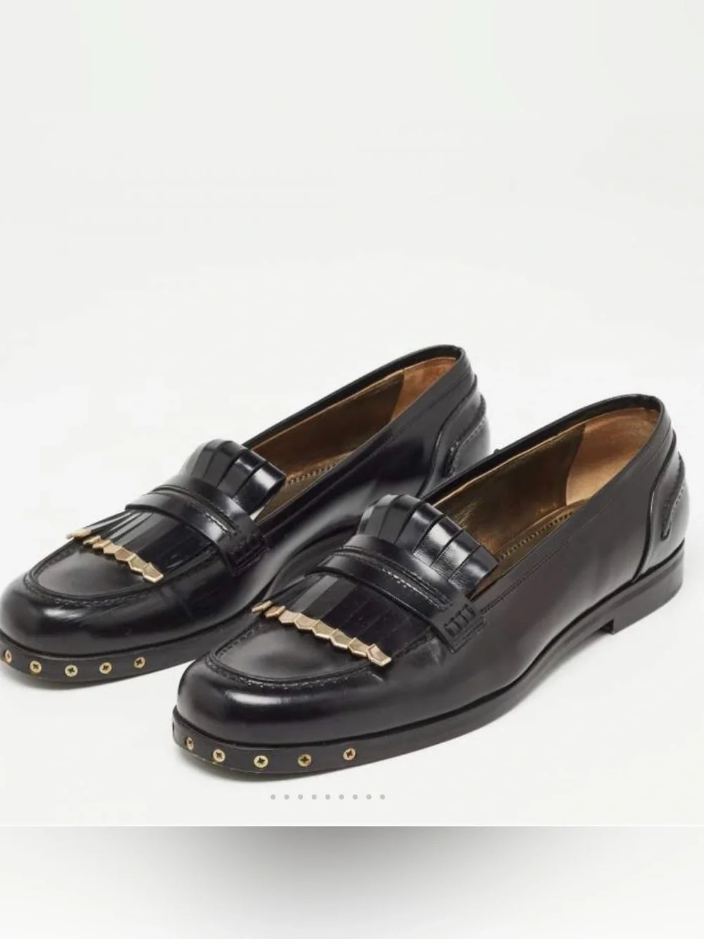 LANVIN Black Leather Tassel Loafers with Gold Stud Accents LUXURY Sz 39 (8.5)